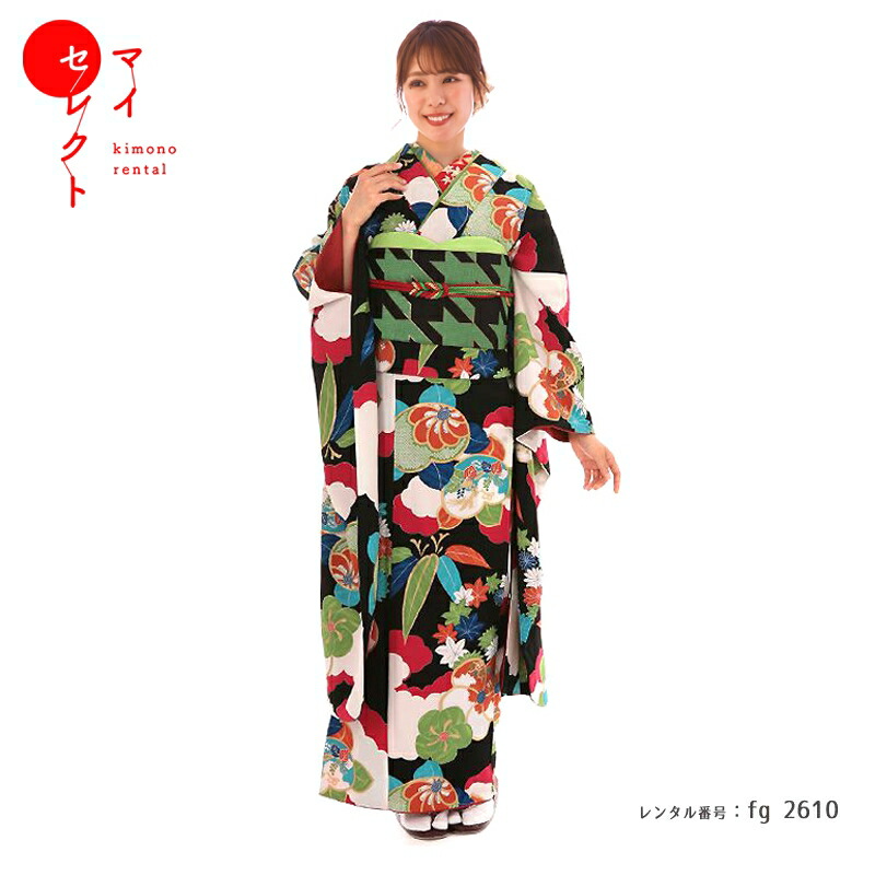 振袖　レンタル レトロ 成人式 〔fg_2610b / FR1420 黒地に捻梅と笹〕結婚式 結納 振袖レンタル アンティーク フルセット 貸衣装 レトロ レンタル着物 往復送料無料 草履 バッグ 振り袖レンタル 着物セット 帯締め 帯揚げ 和服 婚礼 セット レンタル衣装 和装【レンタル】｜レンタル衣裳　マイセレクト