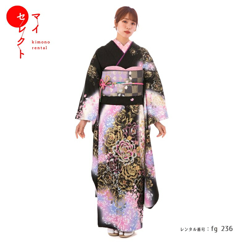 振袖 レンタル【成人式】fg_236 /MI-53 黒地 白ボカシにバラ ラメ 振袖 結婚式 卒業式 フルセット レンタル振袖 貸衣装 レンタル着物【レンタル】