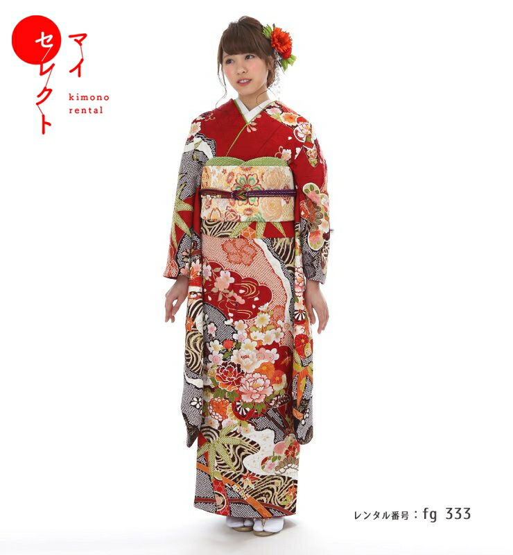 【振袖フルセット】御所車 松竹梅 金彩 ぼかし 赤 正絹 楽天市場】【成人式 振袖 レンタル】RS1279 正絹 赤 吉祥貝桶に