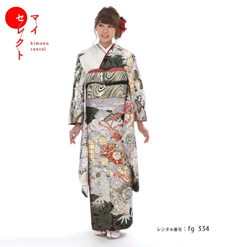 振袖　着物 最高級古典柄振袖 関芳/最高級金彩刺繍友禅 白/シルバー 扇面