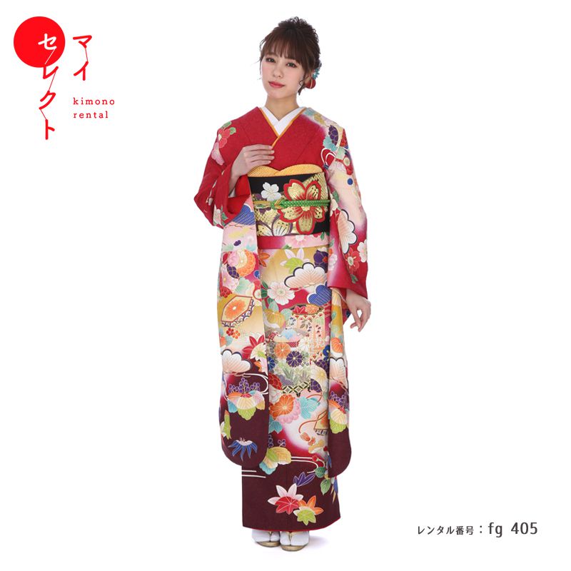 振袖 レンタル fg_405：貝桶に菊橘桜楓 フルセット 振袖レンタル 貸衣装 セット バッグ 草履 ショール 結婚式 振り袖 結納 往復送料無料 | 着物 草履バッグセット レトロ 成人式 草履バックセット レンタル着物 バック 着物セット 卒業式 卒業 入学 ぞうり 赤【レンタル】