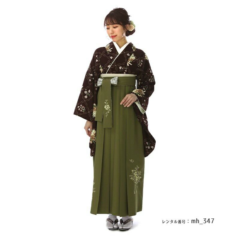 卒業式 袴 レンタル フルセット 女 レトロモダン 大学 セット ブラウン 茶 カーキ 対応身長156cm～168cm 〔mh_347 Kami Shibai〕 往復送料無料 大学生 短大 はかま ハカマ　【レンタル】