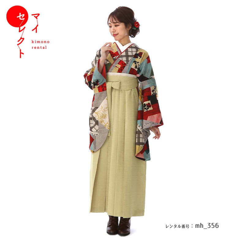 袴 レンタル 卒業式 フルセット 女 レトロモダン 大学 セット 薔薇柄 レッド ひわ色 対応身長156cm~168cm 〔mh_356 Modern Antenna〕 往復送料無料 大学生 短大 はかま ハカマ 【レンタル】