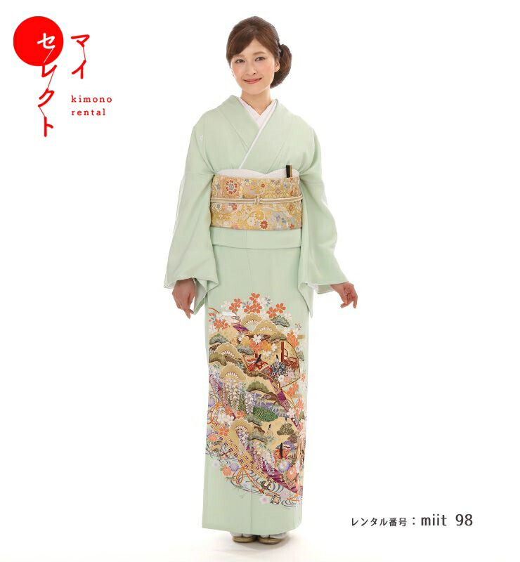 【レンタル】 色留袖 レンタル 着物レンタル miit_98 色留袖 地紙に源氏絵 グリーン 正絹 高級 結婚式 五つ紋 往復送料無料 着物 セット 留袖 お宮参り 母親 留袖レンタル 着物 レンタル 祖母 レンタル着物 色留袖レンタル レンタル留袖 親族 貸衣装 レンタル衣装 母