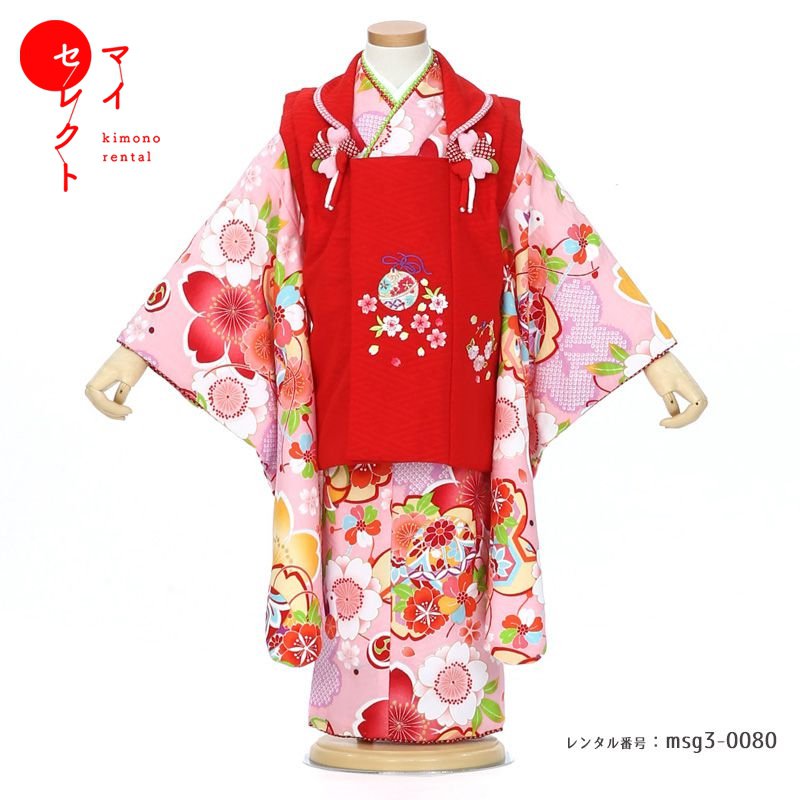 【レンタル】 七五三 着物 3歳女の子 身長85cm～100cm [被布/着物/小物/草履/バッグ/髪飾り フルセット] msg3_0080 SHIKIBU ROMAN(式部浪漫) 草履着物 レトロ 小物セット 貸衣装 衣装 三歳 モダン 754着物 二歳 四歳 おしゃれ 古典 被布セット 子供子供用着物
