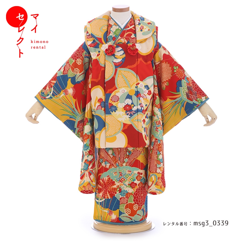 【レンタル】 七五三 着物 3歳女の子 身長85cm～100cm [被布/着物/小物/草履/バッグ/髪飾り フルセット]/LOWRYS FARM/レッド/草履着物 小物セット 貸衣装 三歳 モダン 753着物 女児 二歳 四歳 おしゃれ 古典 被布 被布セット 子供 七五三レンタル