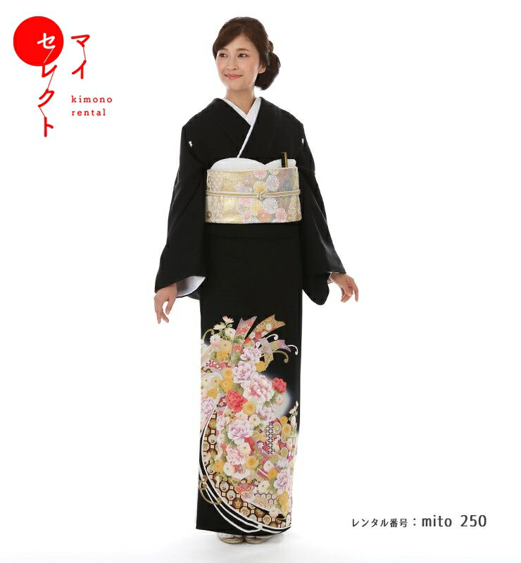 【レンタル】 黒留袖 大きいサイズ 広幅 mito_250 N-211 慶びの花結び フリー 正絹|送料無料 着物 黒留袖 おすすめ 留袖 黒留袖レンタル お宮参り 母親 着物レンタル 留袖レンタル 祖母 フルセット レンタル着物 セット 結婚式 親族 レンタル留袖 黒留め袖