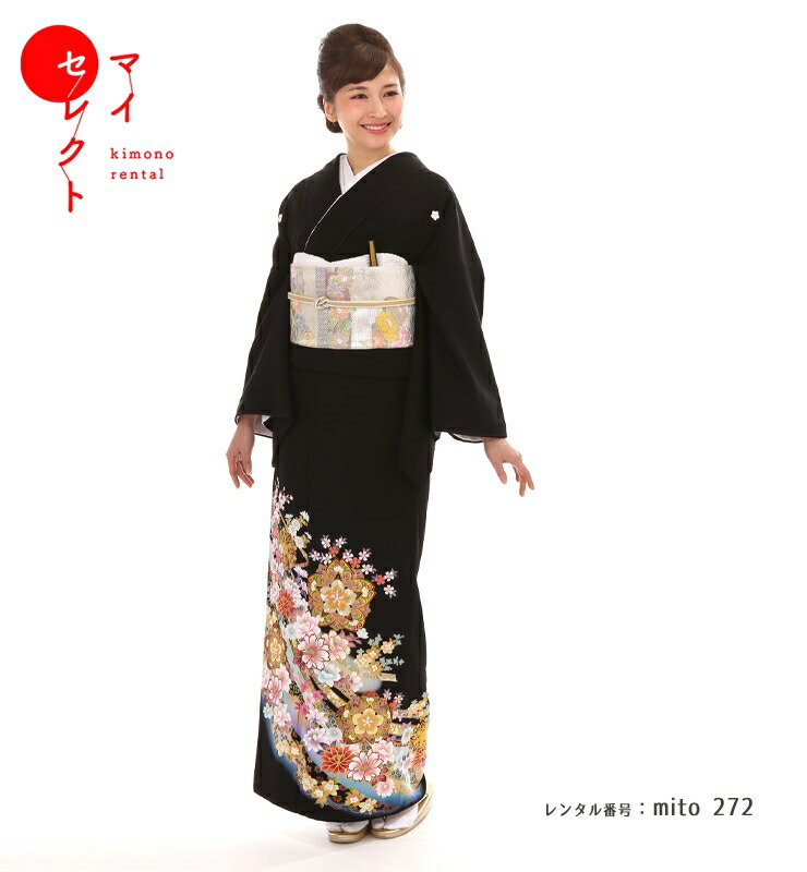 一点物　正絹　着物　ドレス　ロング　kimono dress 黒　ブラック　鶴 KUKURI Dress – kukuri kimono