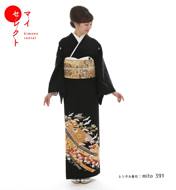 楽天市場】【レンタル】 黒留袖 mito_302 N-281 花車と松に鶴 正絹