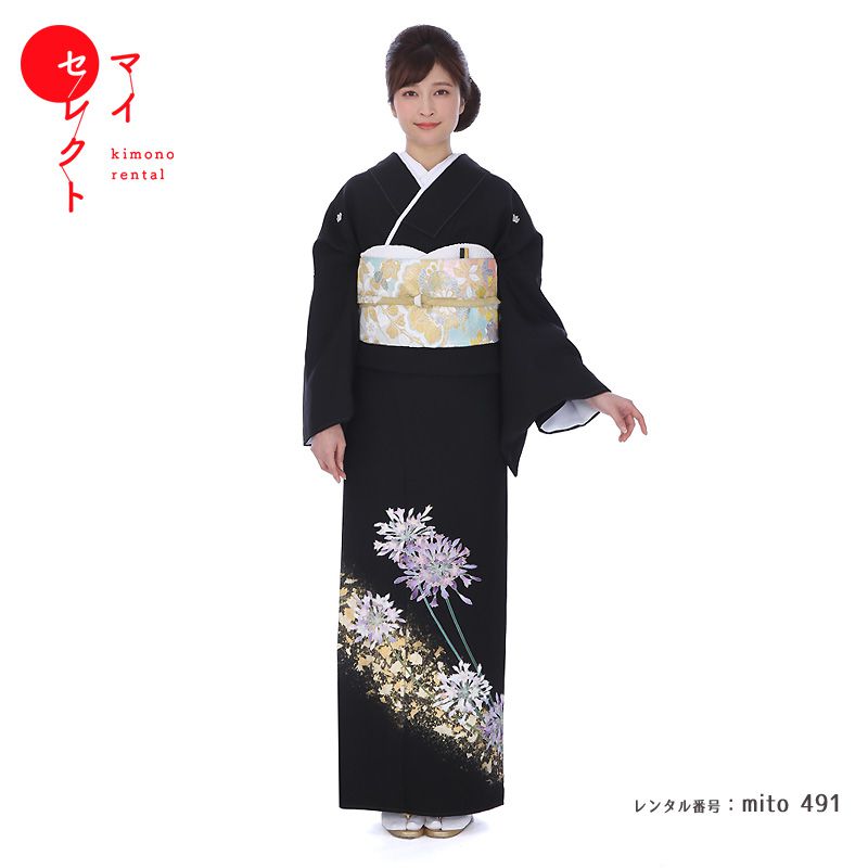 【レンタル】 留袖 宮崎玄祥 限定品 ハイクラス プレミアム mito_491 紫紅アリウム 黒留袖 おすすめ 黒留袖レンタル お宮参り 着物 現代風 粋 流行り 母親 着物レンタル 祖母 結婚式 フルセット 留袖レンタル 親族 セット レンタル着物 往復送料無料 和装 礼装 結納