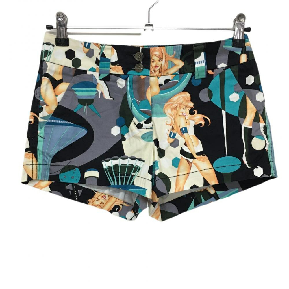 【美品】ラウドマウス ショートパンツ 黒×ライトブルー 総柄 女性 レディース US O ゴルフウェア LOUDMOUTH