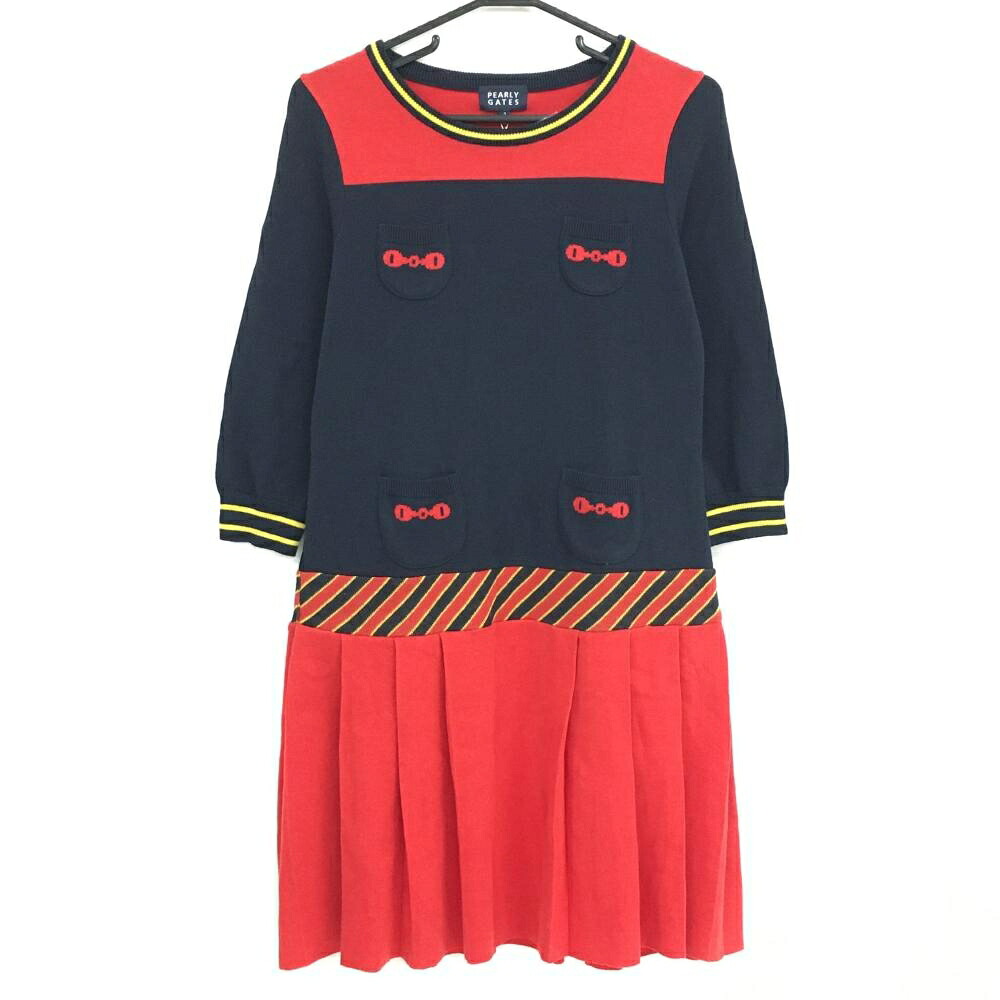 【未使用品】パーリーゲイツ ニットワンピース ネイビー×レッド 七分袖 ウール混 レディース 2(L) ゴルフウェア PEARLY GATES