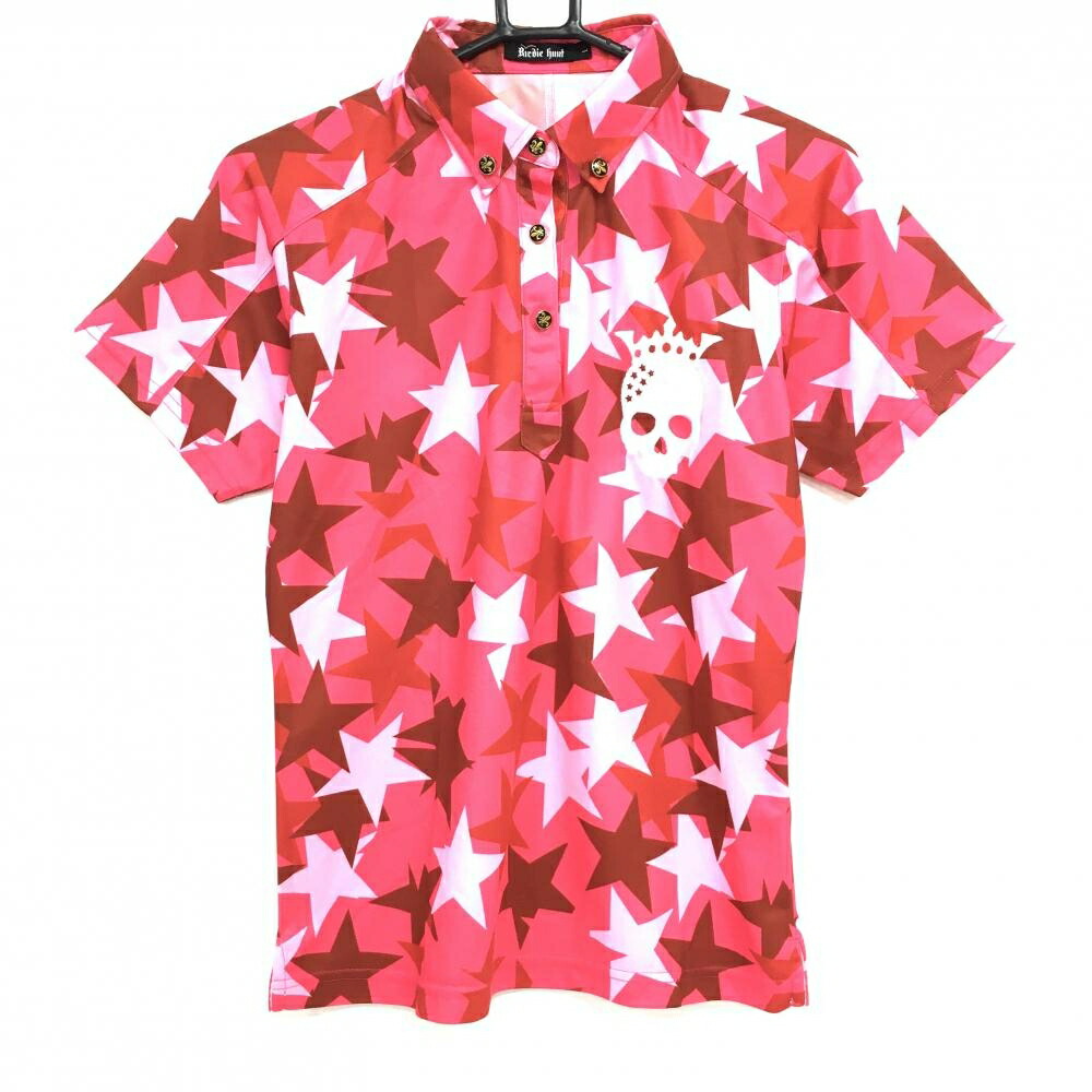 ✨超美品✨BIRDIE HUNT ゴルフポロシャツ モノグラム 総柄 半袖 黒 バーディーハント 半袖ポロシャツ 黒×マルチ ナンバー 総柄