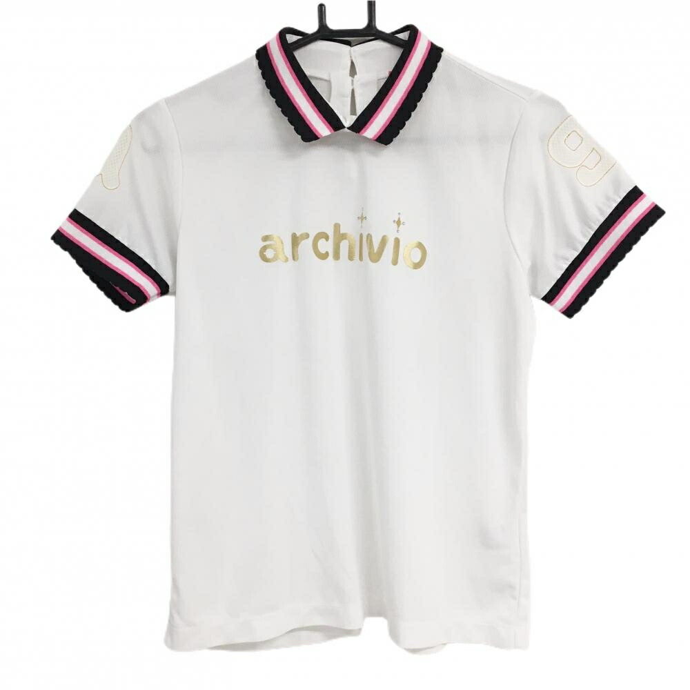 【美品】アルチビオ 襟付き半袖シャツ 白×ネイビー 襟袖ライン レディース 38(M) ゴルフウェア archivio