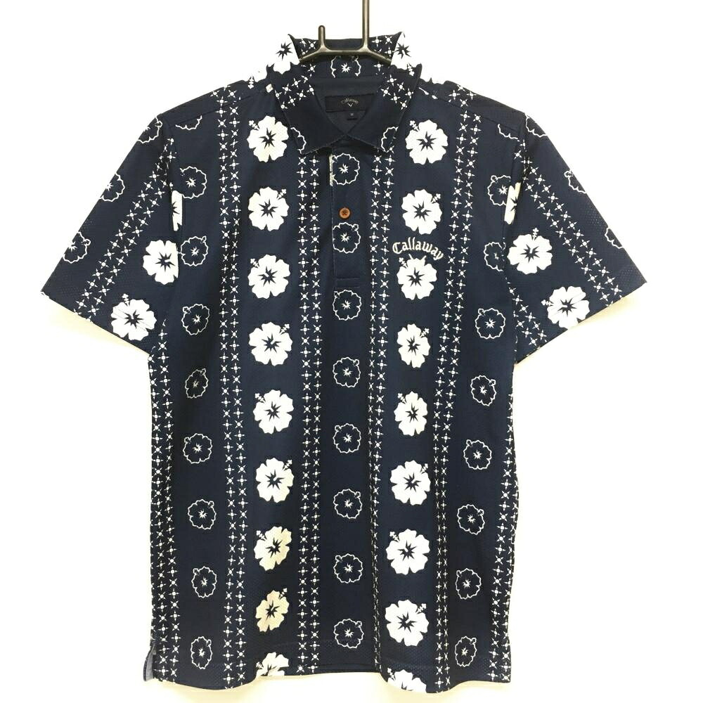 【超美品】キャロウェイ 半袖ポロシャツ ネイビー×白 ハイビスカス柄 メッシュ地 ロゴ刺しゅう メンズ M ゴルフウェア Callaway