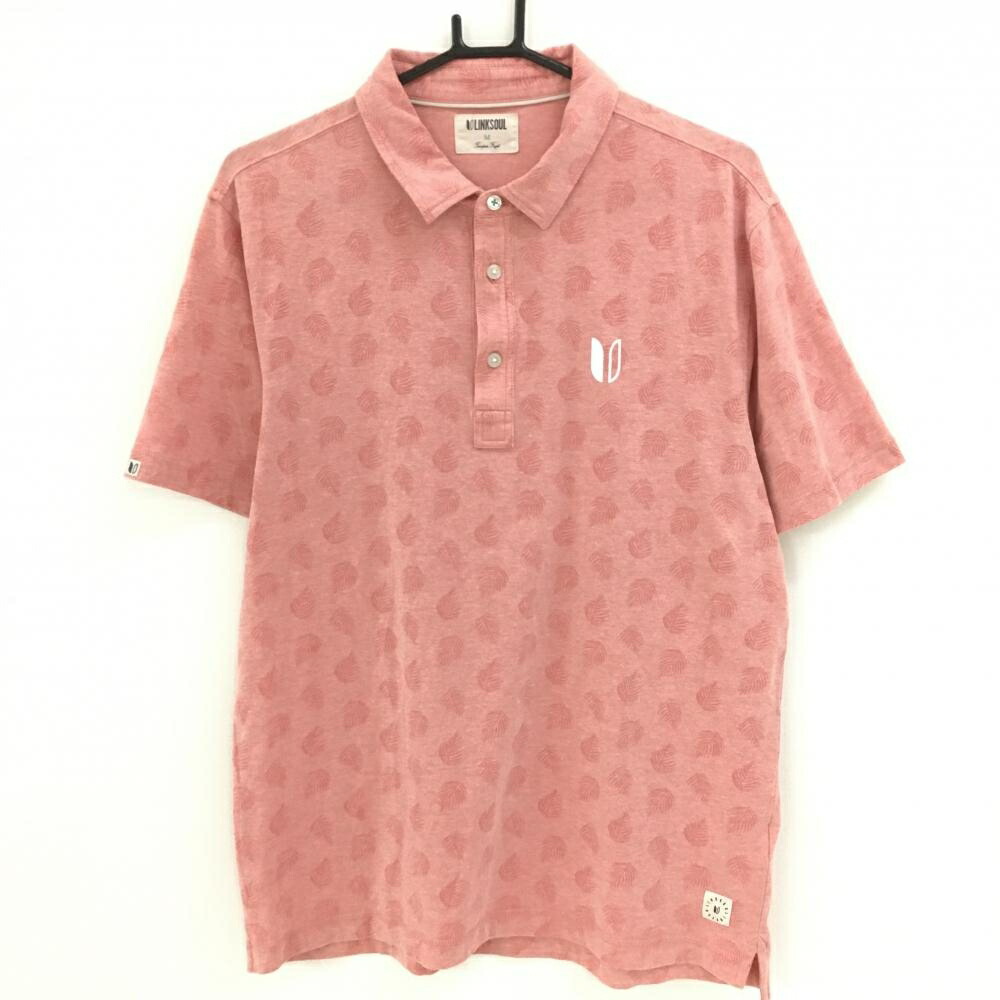 【超美品】リンクソウル 半袖ポロシャツ ピンク リーフ総柄 メンズ M ゴルフウェア LINKSOUL画像