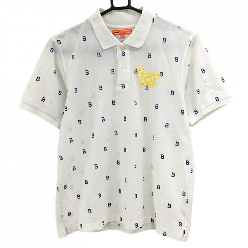 ビームスゴルフ 半袖ポロシャツ 白×ブルー ロゴ総柄 メンズ M ゴルフウェア BEAMS GOLF