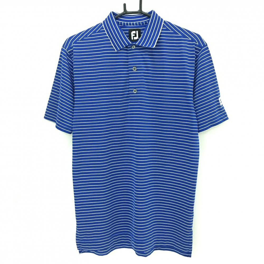 【超美品】フットジョイ 半袖ポロシャツ ブルー×白 ボーダー 袖ロゴ刺しゅう メンズ M ゴルフウェア FootJoy