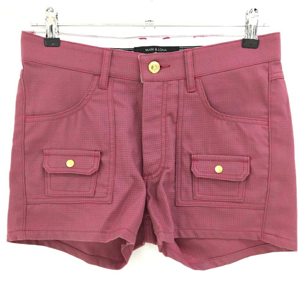 【超美品】マークアンドロナ ショートパンツ ピンク×グレー チェック 複数ポケット ウール混 レディース M ゴルフウェア MARK＆LONA