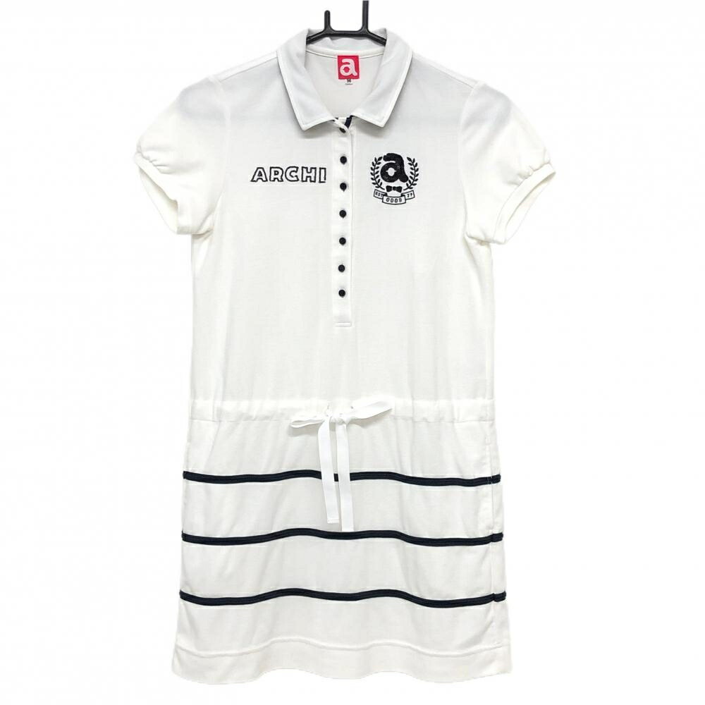 【超美品】アルチビオ 半袖ポロワンピース 白×黒 スカートボーダー スパンコールロゴ レディース 36(S) ゴルフウェア archivio