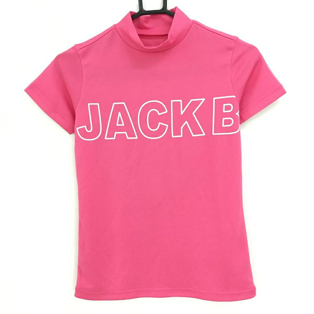 【超美品】ジャックバニー 半袖ハイネックシャツ ピンク×白 ロゴプリント レディース 00(XS) ゴルフウェア Jack Bunny