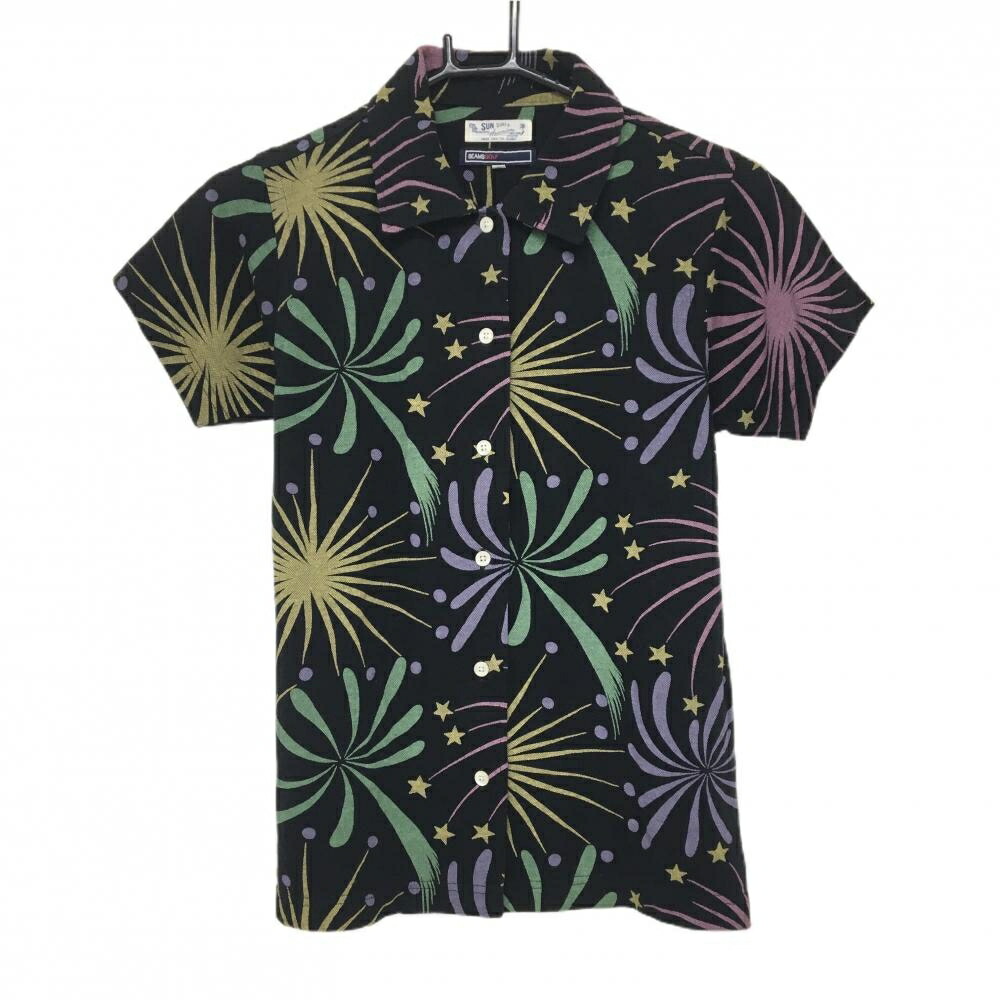 【超美品】ビームスゴルフ 半袖シャツ 黒×マルチカラー 花火柄 SUN SURF レディース S ゴルフウェア BEAMS GOLF