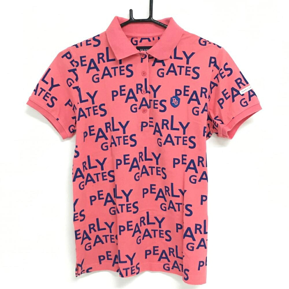 【美品】パーリーゲイツ 半袖ポロシャツ サーモンピンク系×ネイビー ロゴ総柄 レディース 1(M) ゴルフウェア PEARLY GATES
