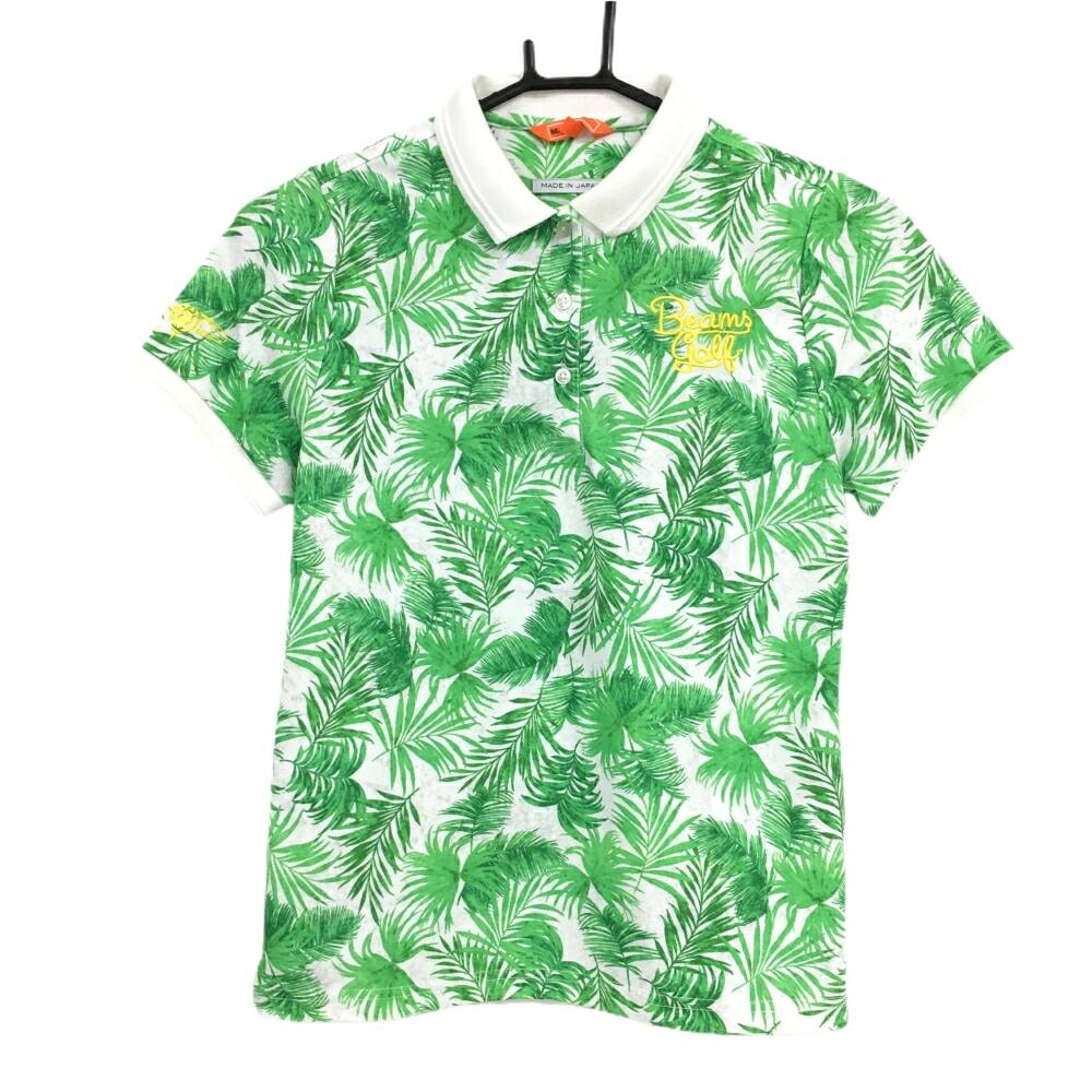 【美品】ビームスゴルフ 半袖ポロシャツ 白×ライトグリーン リーフ柄 レディース M ゴルフウェア BEAMS GOLF
