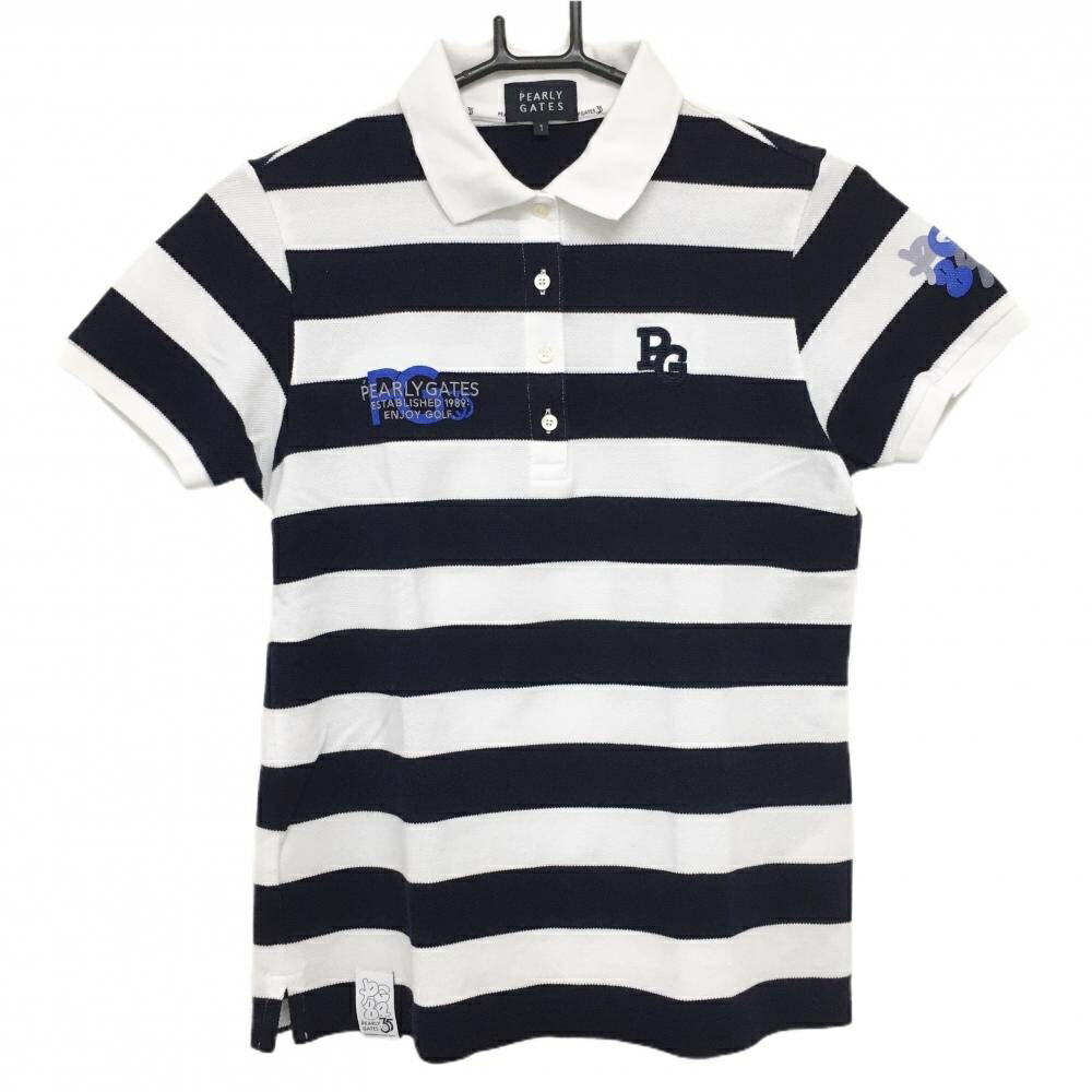 【超美品】パーリーゲイツ 半袖ポロシャツ 白×ネイビー ボーダー 35周年 レディース 1(M) ゴルフウェア 2024年モデル PEARLY GATES