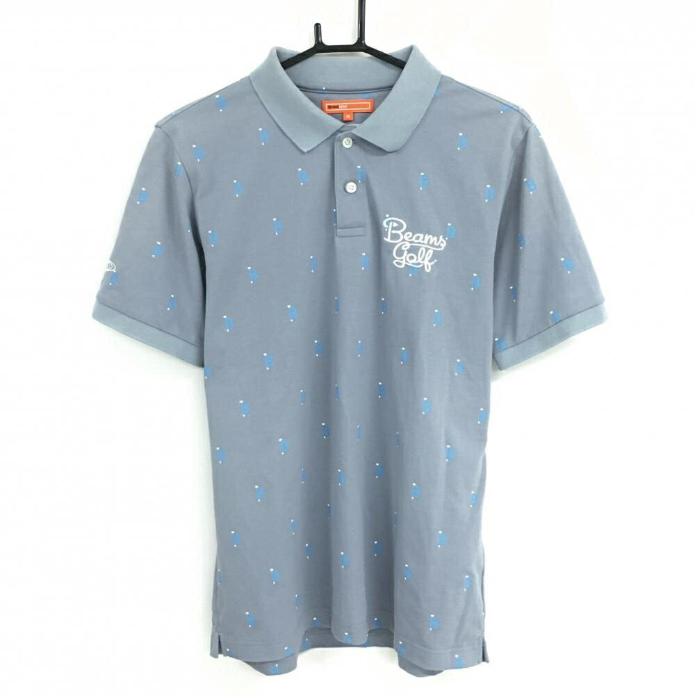 ビームスゴルフ 半袖ポロシャツ グレー×ブルー ロゴ総柄 メンズ M ゴルフウェア BEAMS GOLF