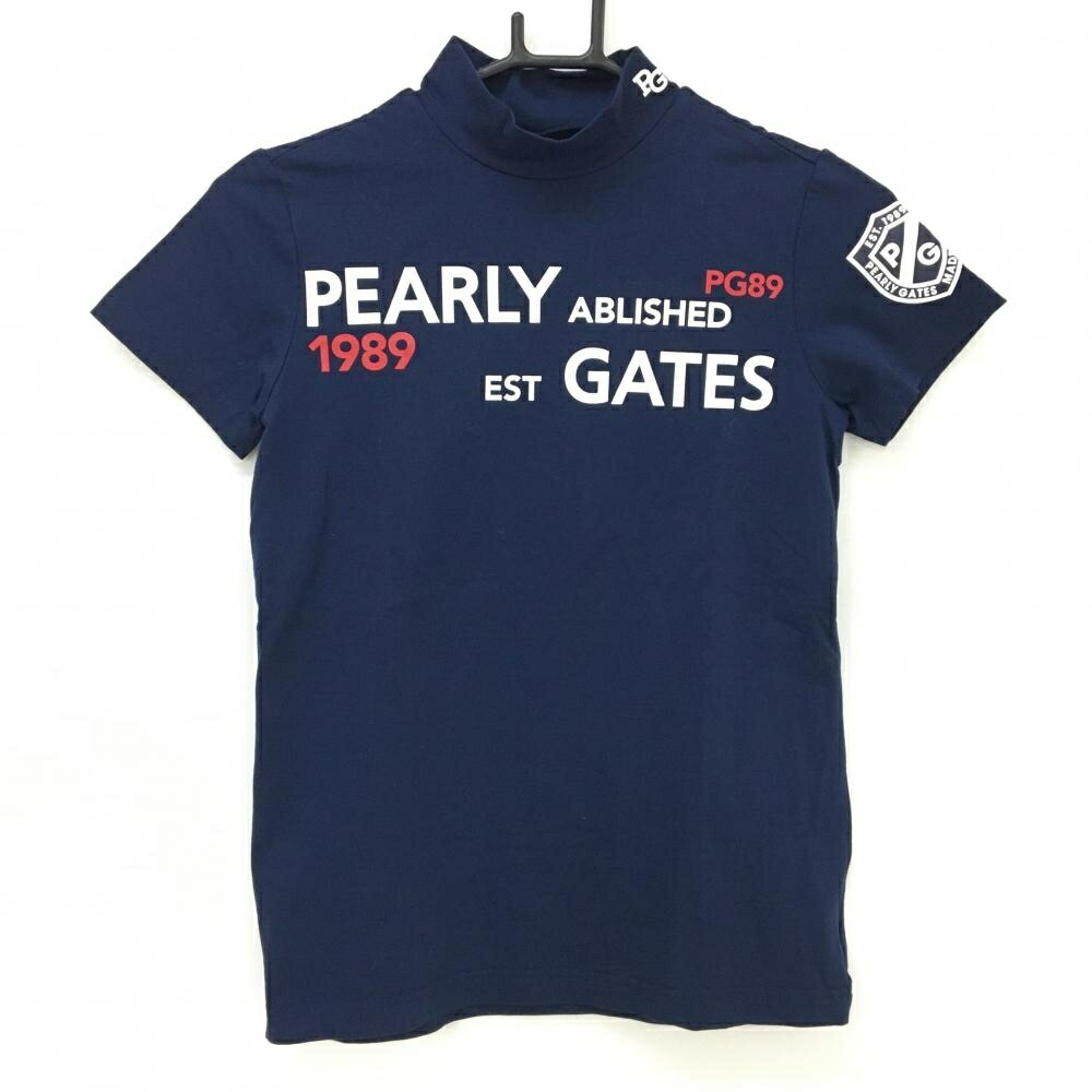 PEARLY GATES - 【超美品】パーリーゲイツ 半袖ハイネックシャツ レッド×ネイビー ネックロゴ ストレッチ レディース 0(S) ゴルフウェア PEARLY GATES PEARLY GATES パーリーゲイツ ハイネック 半袖Tシャツ レッド系
