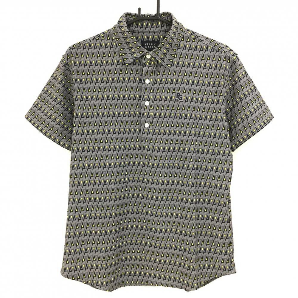 【超美品】パーリーゲイツ 半袖ポロシャツ グレー×ネイビー 総柄 ロゴワッペン メンズ 4(M) ゴルフウェア 2024年モデル PEARLY GATES