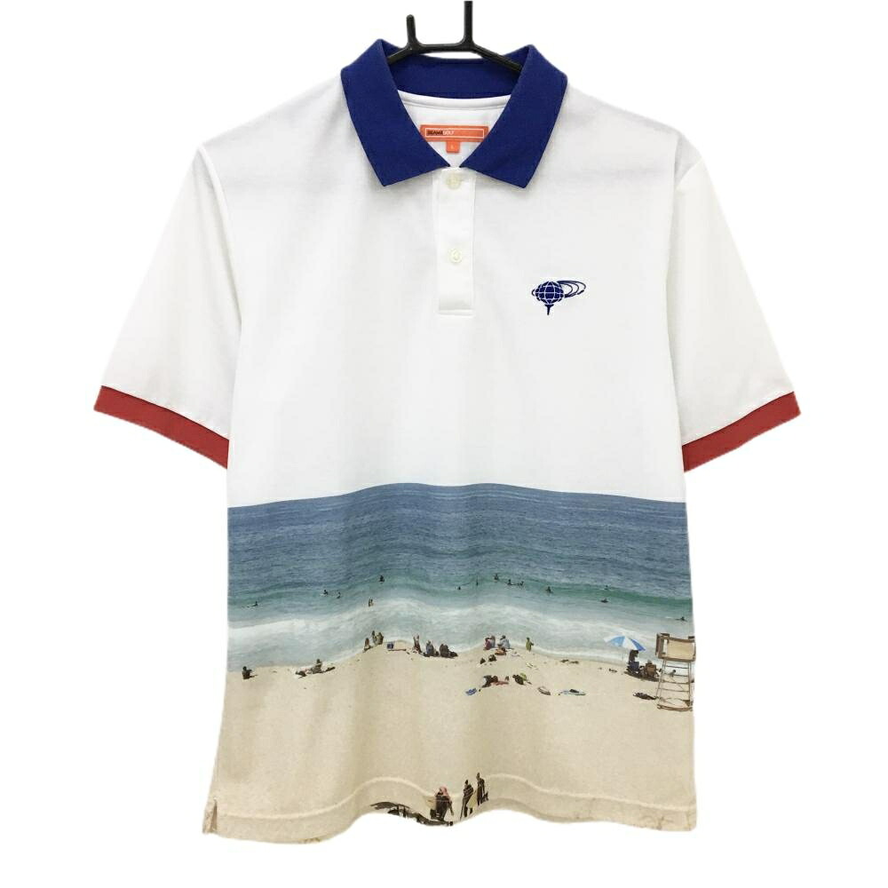 ビームスゴルフ 半袖ポロシャツ 白×ブルー 下部海プリント メンズ L ゴルフウェア BEAMS GOLF