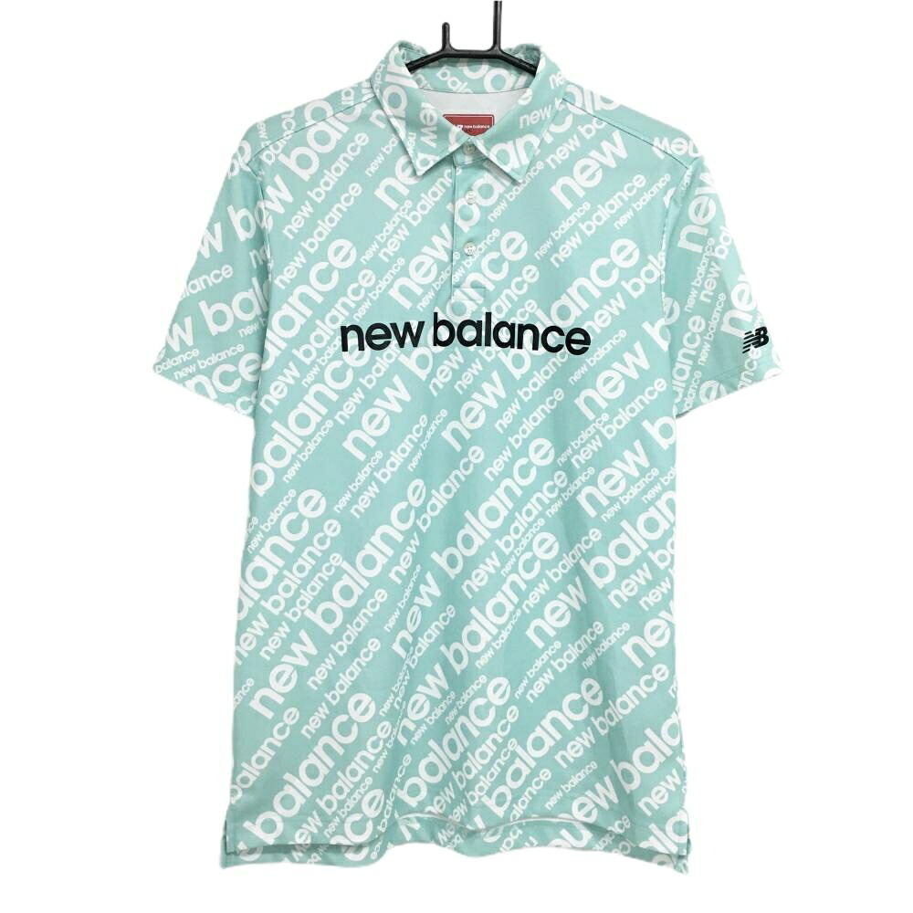 【美品】ニューバランスゴルフ 半袖ポロシャツ ライトグリーン×白 ロゴ総柄 メンズ 5(L) ゴルフウェア 2023年モデル New Balance