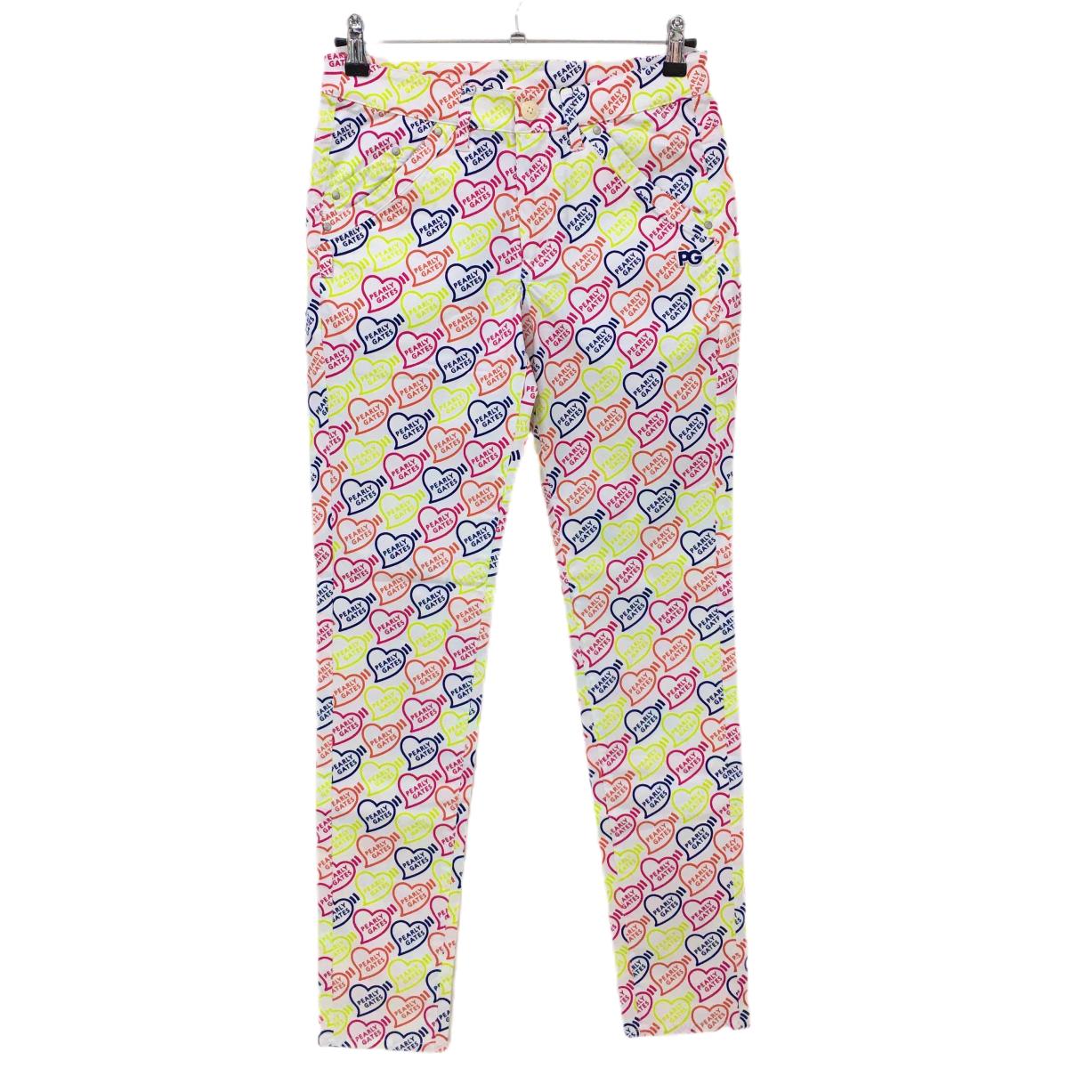 【新品】パーリーゲイツ パンツ 白×マルチカラー ハート柄 ロゴ ストレッチ レディース 0(S) ゴルフウェア PEARLY GATES