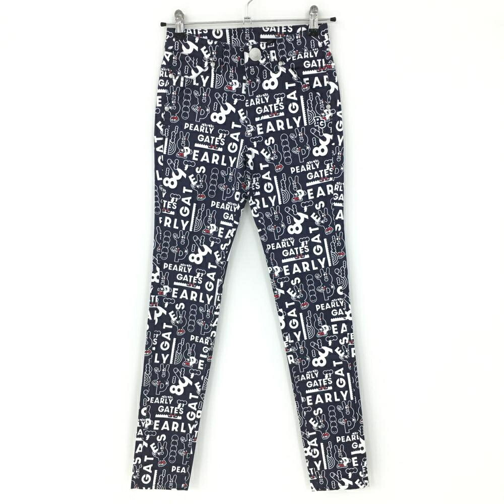 【新品】パーリーゲイツ パンツ ネイビー×白 総柄 どうしちゃったPG ストレッチ レディース 00(XS) ゴルフウェア PEARLY GATES