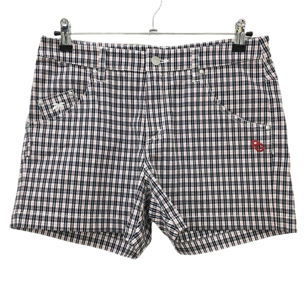 【超美品】パーリーゲイツ ショートパンツ 白×黒 チェック ヤシの木刺しゅう レディース 2(L) ゴルフウェア 2023年モデル PEARLY GATES