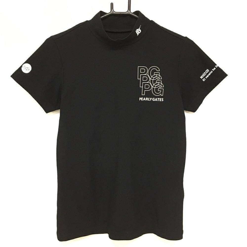 【美品】パーリーゲイツ 半袖ハイネックシャツ 黒×白 背面プリント レディース 1(M) ゴルフウェア 2024年モデル PEARLY GATES