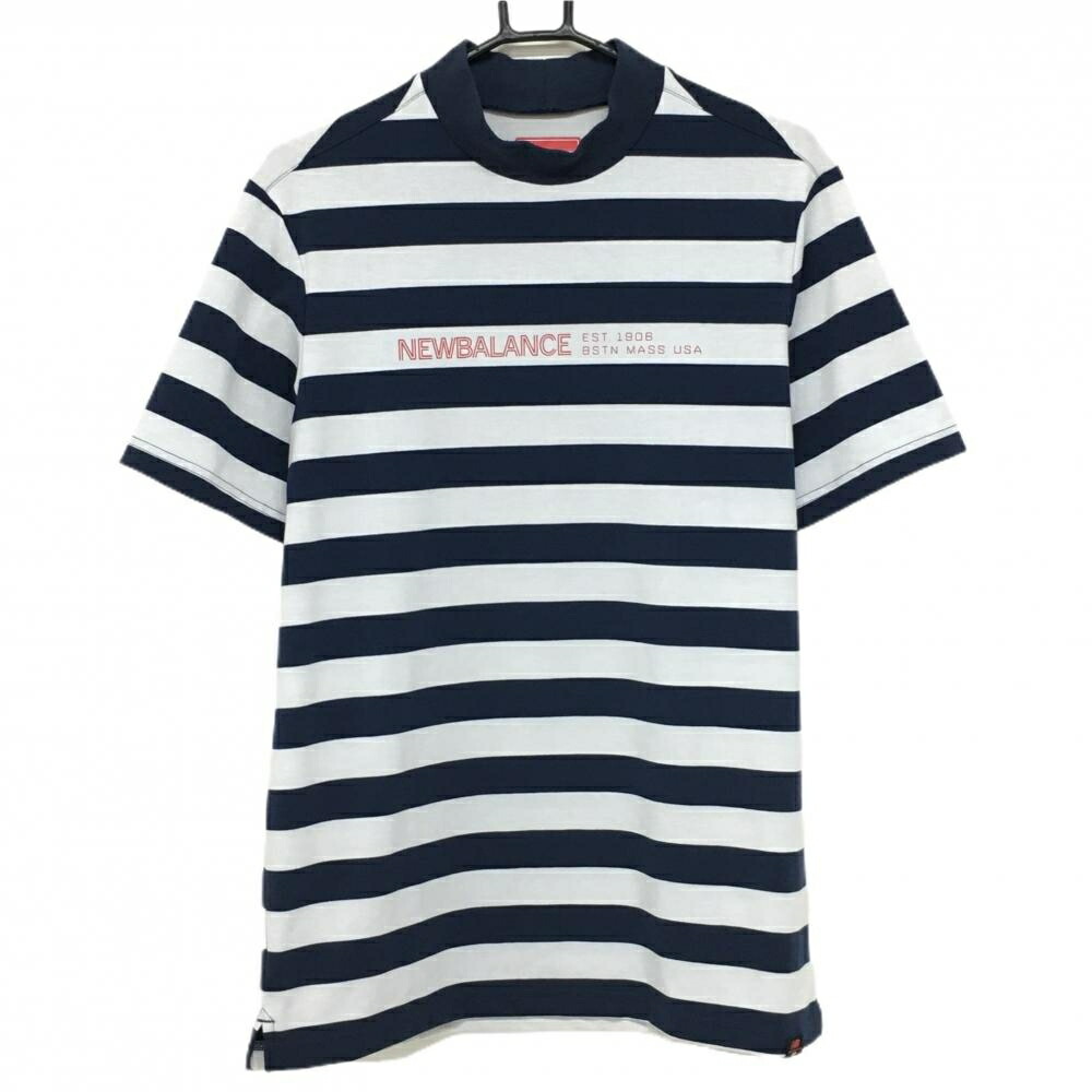 【美品】ニューバランスゴルフ 半袖ハイネックシャツ ネイビー×白 ボーダー 胸元ロゴ メンズ 6(XL) ゴルフウェア New Balance