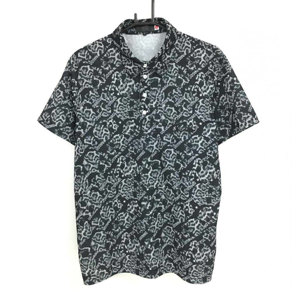 【超美品】ダンスウィズドラゴン 半袖ポロシャツ 黒×グレー ヒョウ柄スカル 総柄 メンズ 4(XL) ゴルフウェア Dance With Dragon