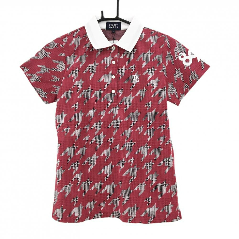 【新品】パーリーゲイツ 半袖ポロシャツ 白×ピンク 千鳥柄 襟裏ライン ロゴ刺しゅう レディース 0(S) ゴルフウェア PEARLY GATES