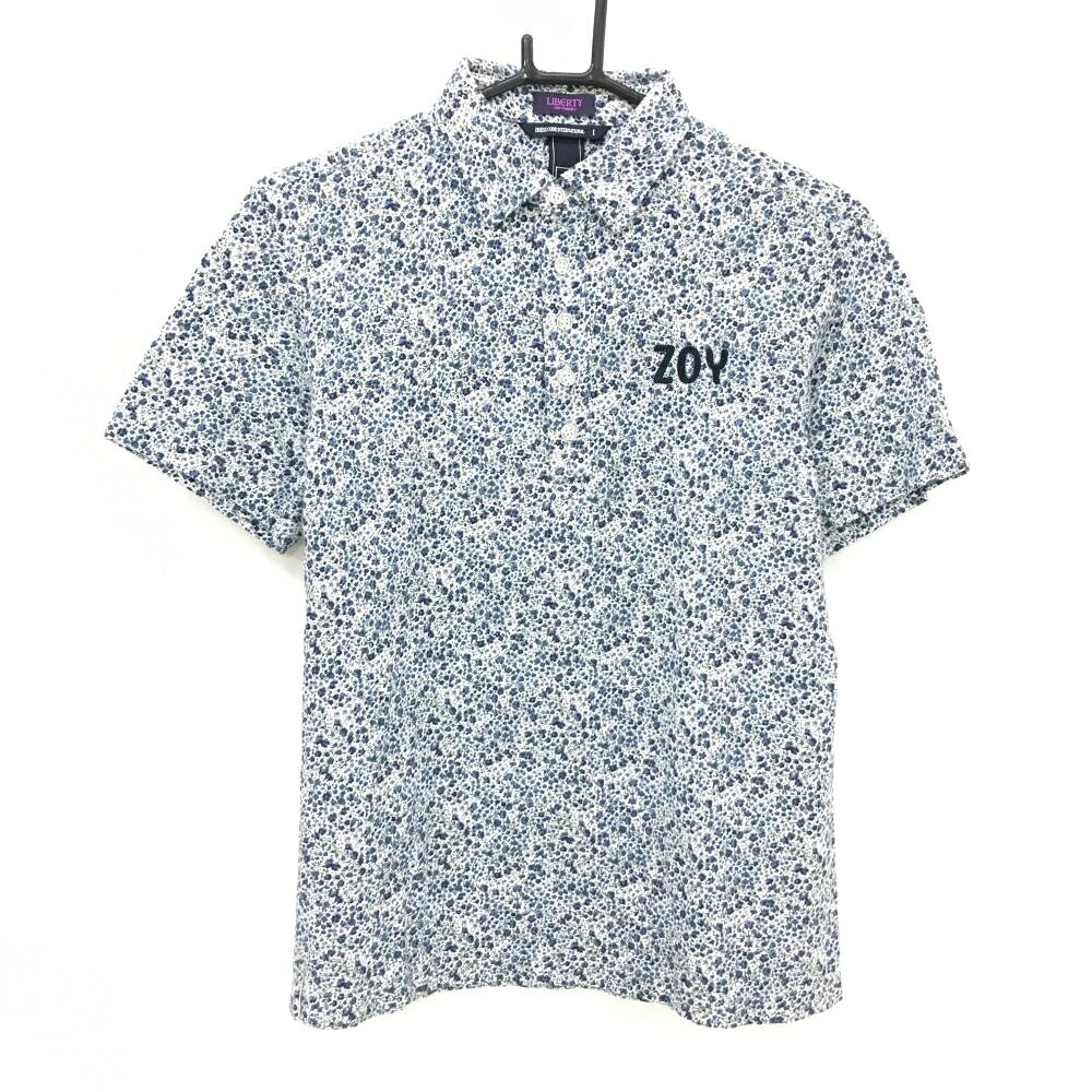 【美品】ゾーイ 半袖ポロシャツ 白×スモーキーブルー系×パープル系 小花柄 LIBERTY メンズ 1(S) ゴルフウェア ZOY