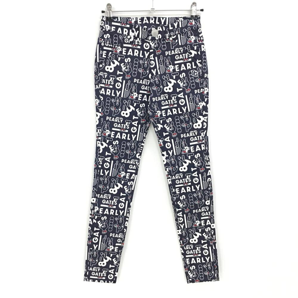 【新品】パーリーゲイツ パンツ ネイビー×白 ロゴ総柄 どうしちゃったPG レディース 0(S) ゴルフウェア PEARLY GATES