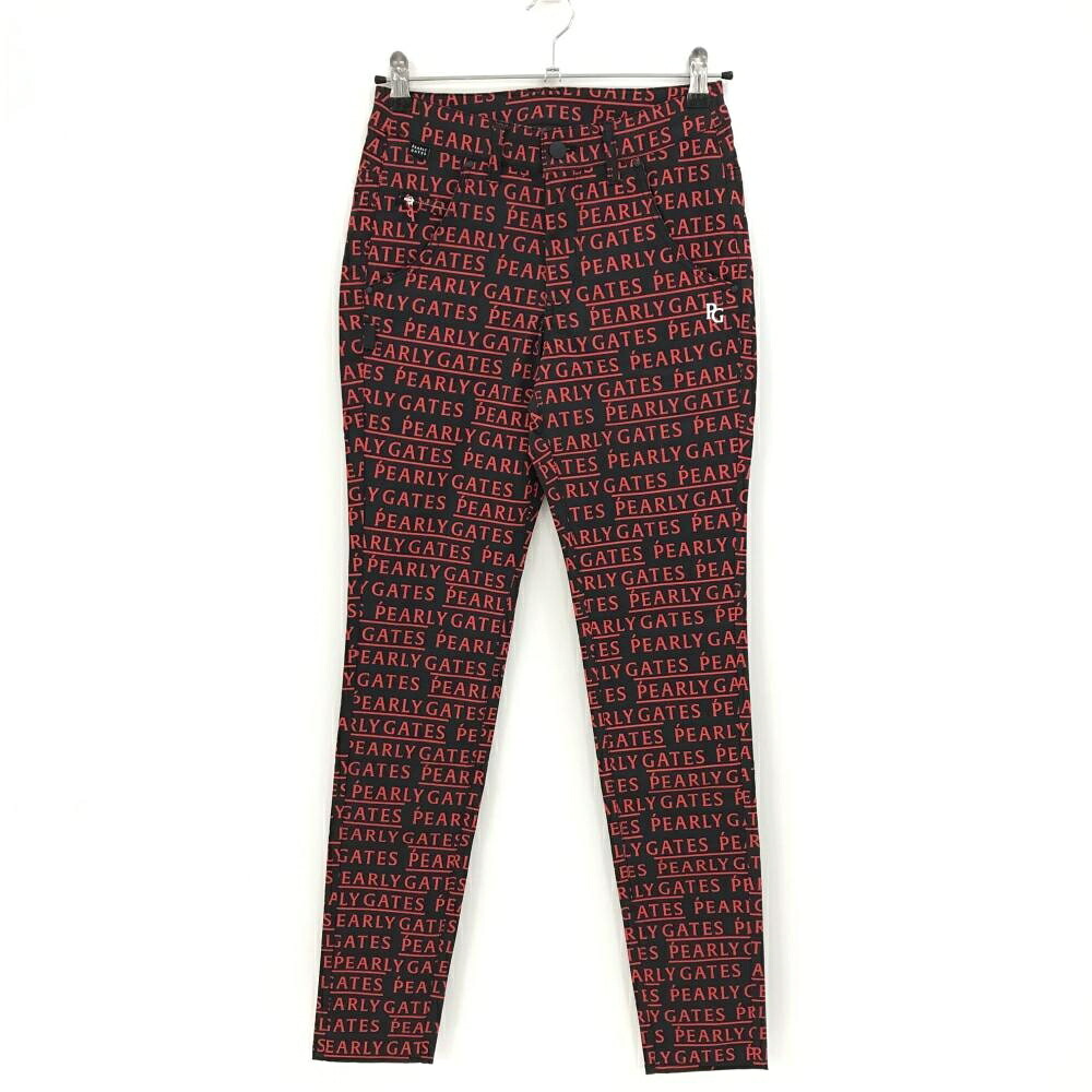 【新品】パーリーゲイツ パンツ 黒×レッド ロゴ総柄 刺しゅう白 レディース 0(S) ゴルフウェア PEARLY GATES