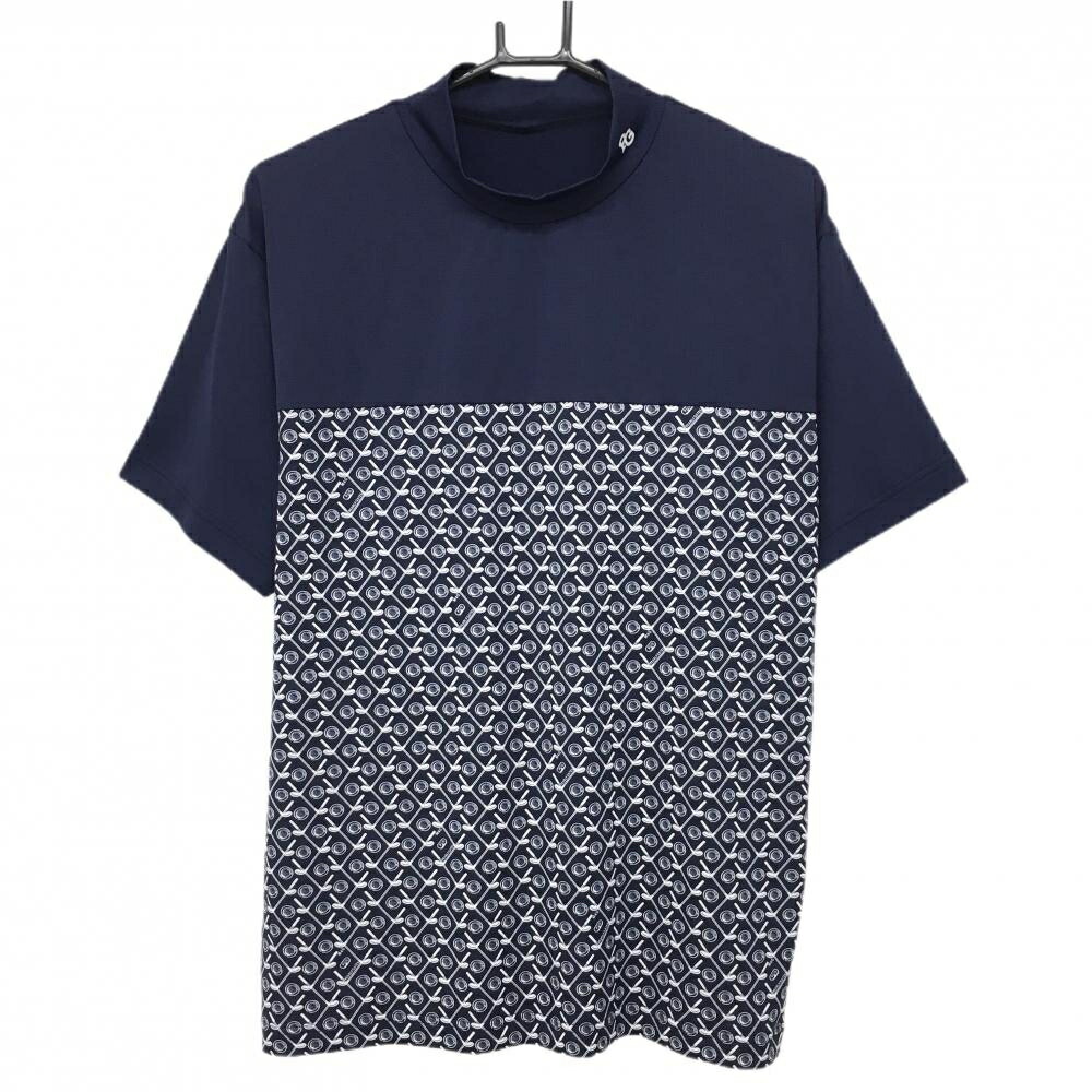 【超美品】パーリーゲイツ 半袖ハイネックシャツ ネイビー×白 胸下総柄 ストレッチ メンズ 4(M) ゴルフウェア 2024年モデル PEARLY GATES