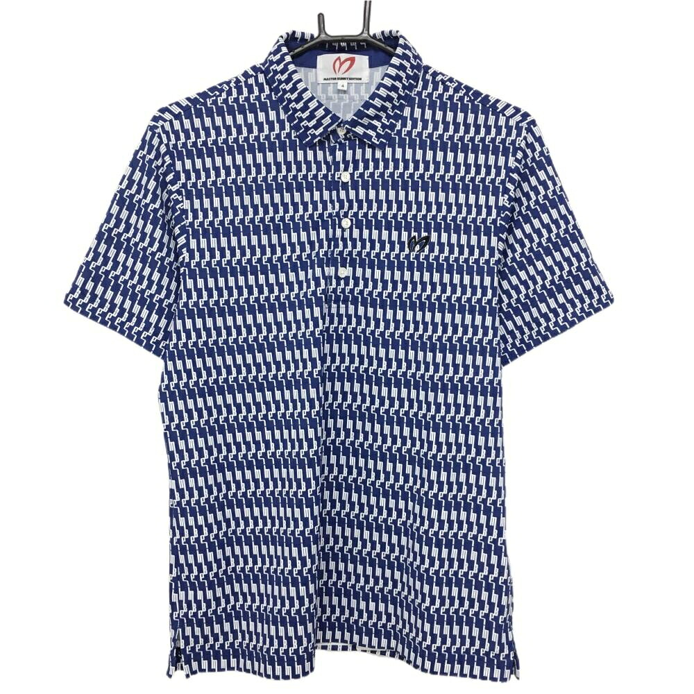 【超美品】マスターバニー 半袖ポロシャツ ブルー×白 ロゴ総柄 メンズ 4(M) ゴルフウェア 2024年モデル MASTER BUNNY EDITION