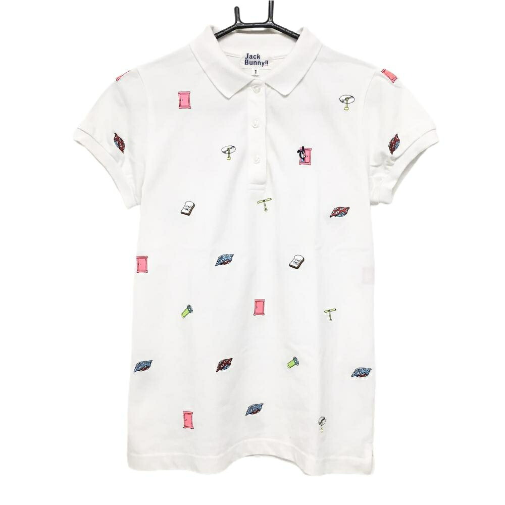 【美品】ジャックバニー×ドラえもん 半袖ポロシャツ 白×マルチカラー 刺しゅう総柄 レディース 1(M) ゴルフウェア Jack Bunny