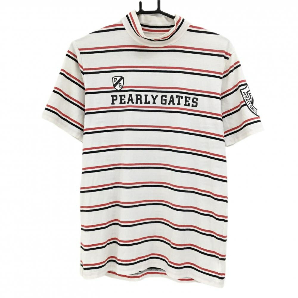 パーリーゲイツ 半袖ハイネックシャツ 白×レッド×黒 ボーダー メンズ 6(XL) ゴルフウェア PEARLY GATES