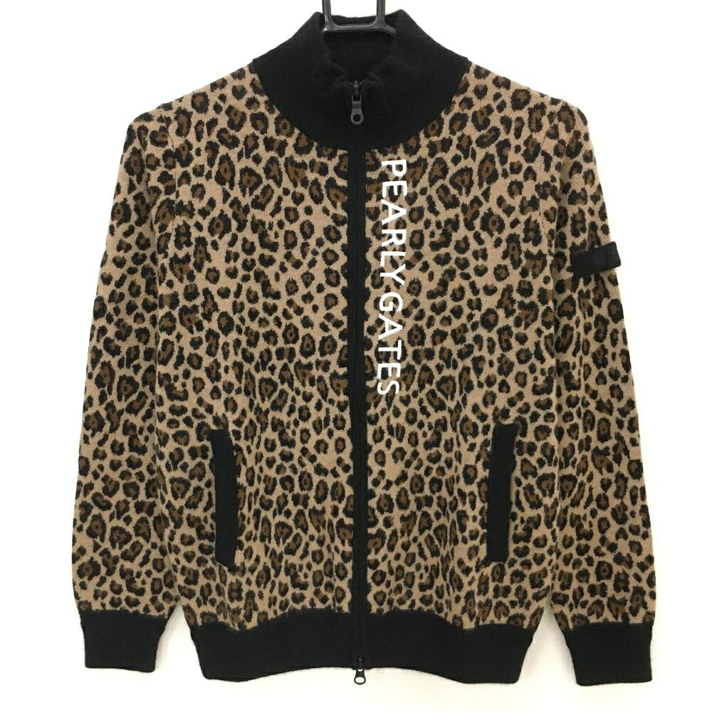 【新品】パーリーゲイツ ニットジャケット リベージュ系×黒 レオパード柄 ロゴ白 カシミヤ混 レディース 1(M) ゴルフウェア PEARLY GATES|レオナード 店