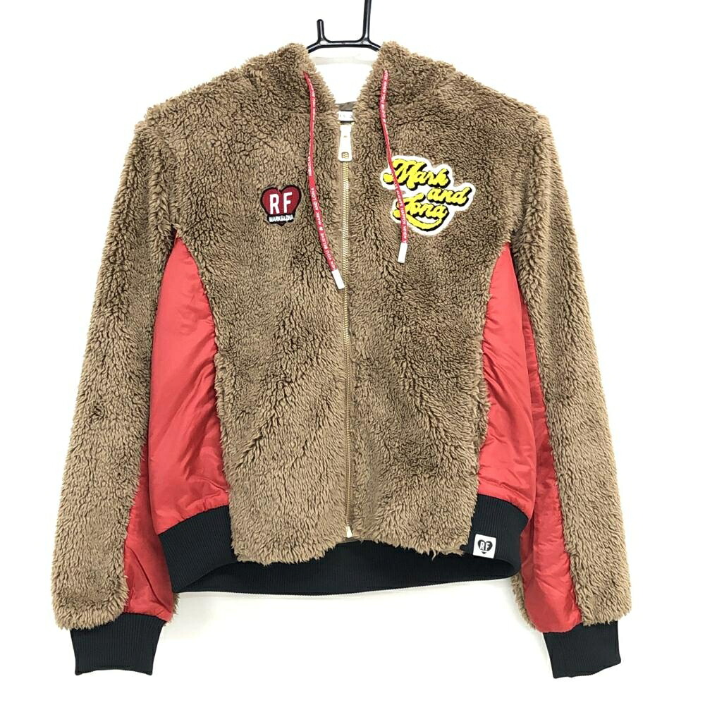 【超美品】マークアンドロナ ボアジップパーカー ブラウン×レッド サイド切替 裏地 レディース 36(S) ゴルフウェア MARK＆LONA